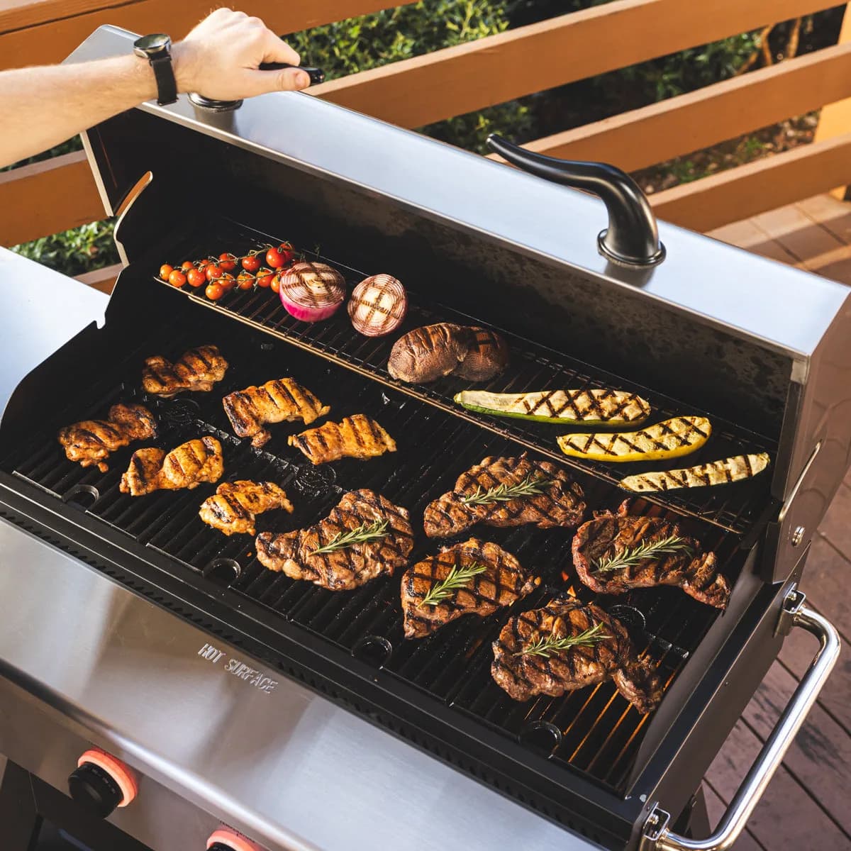 Steaks, chicken, and vegetables on the X-Fire Pro in grill mode